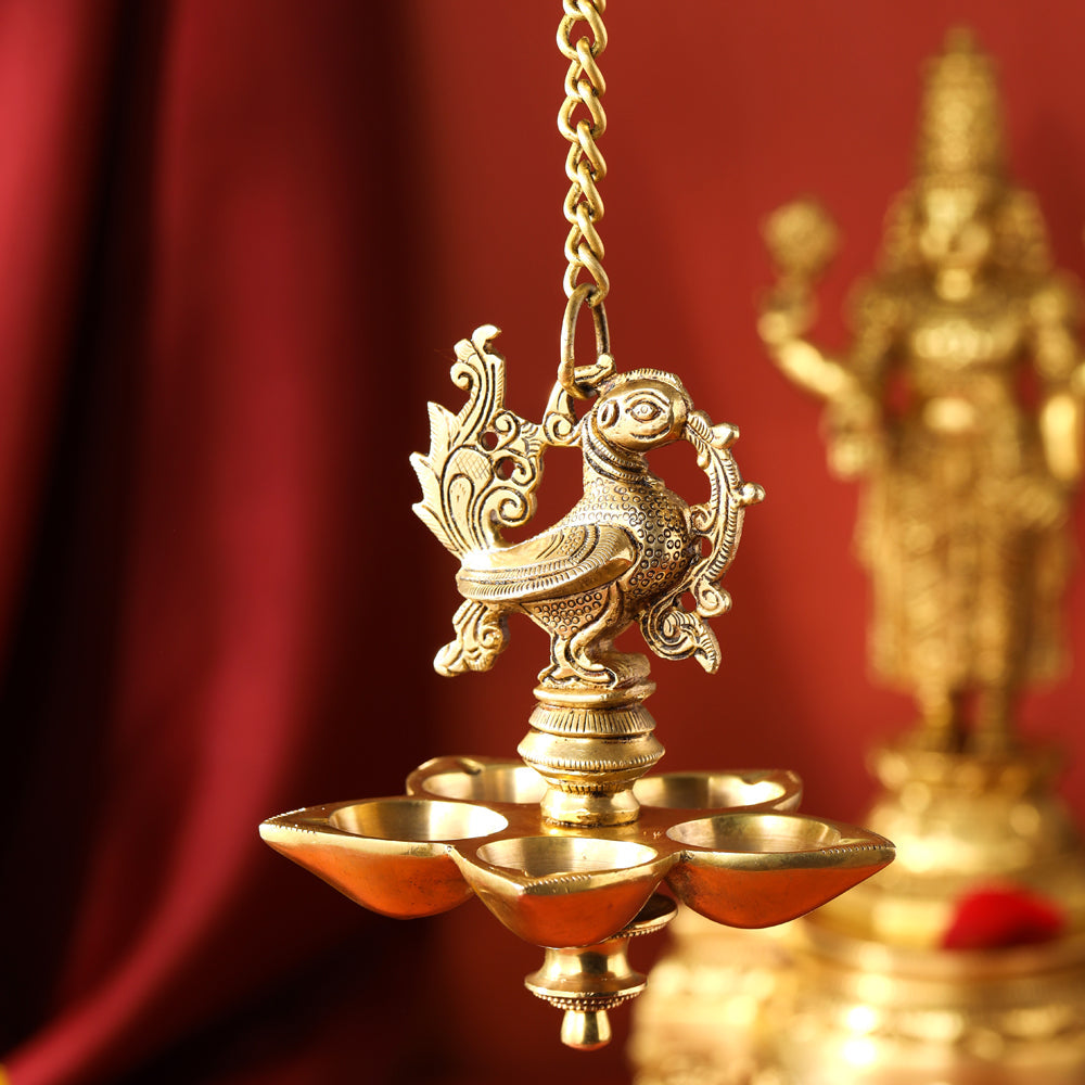 Brass Peacock Five Petal Hanging Diya (26.5 Inch)