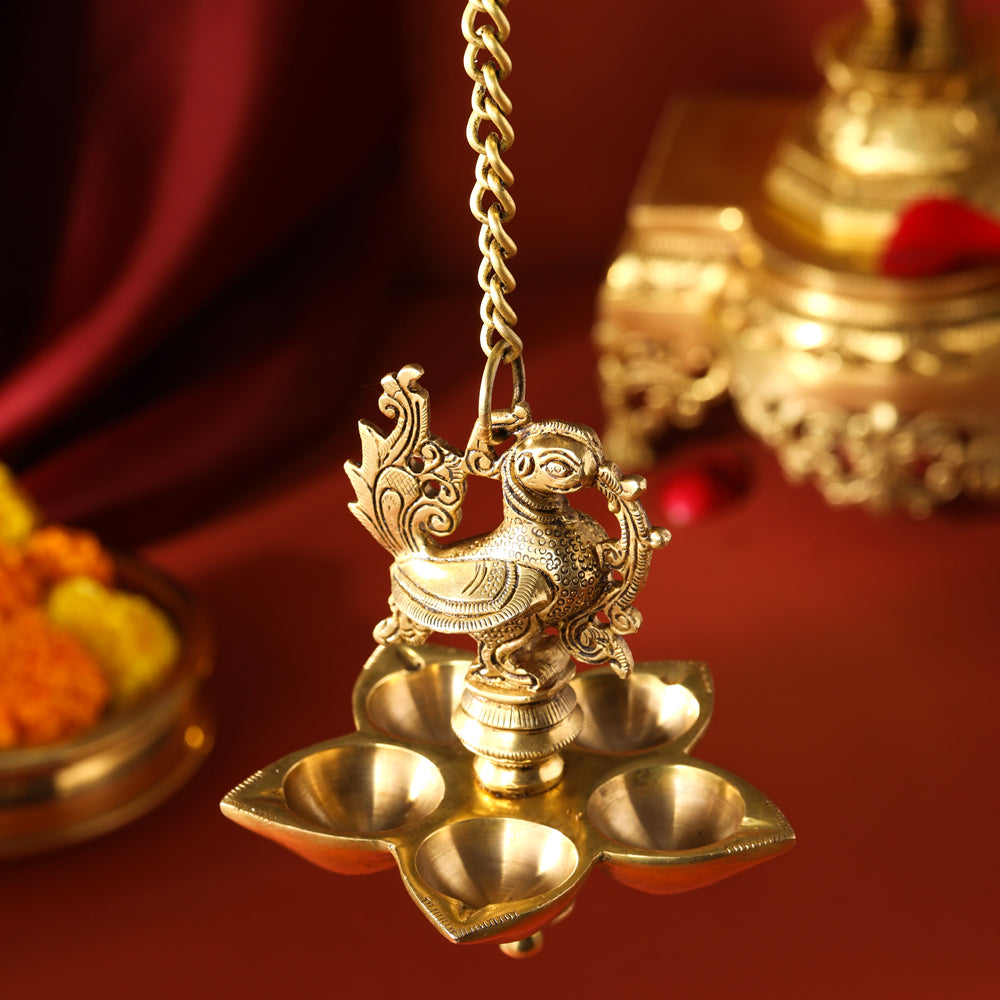 Brass Peacock Five Petal Hanging Diya (26.5 Inch)