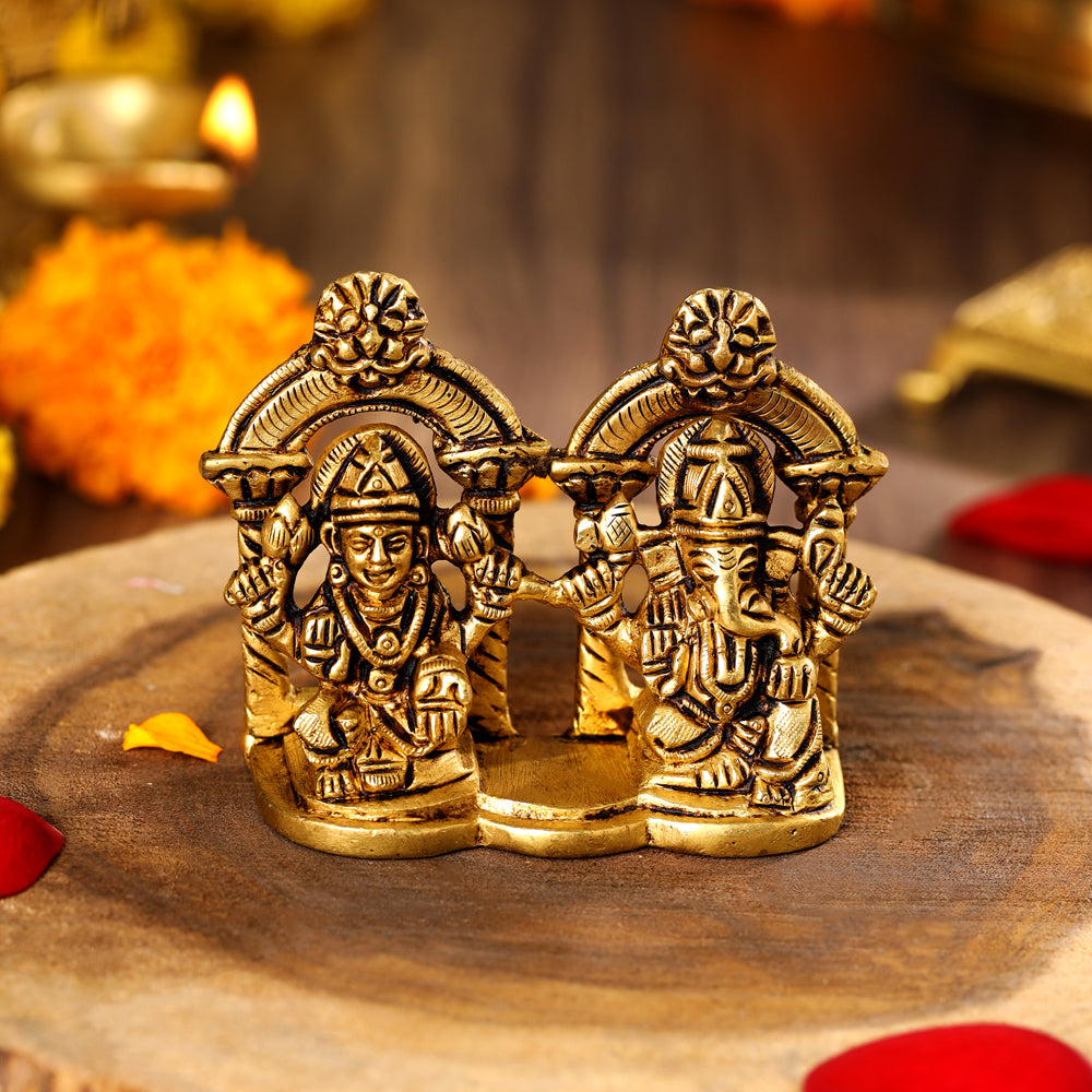 Brass Ganesha And Lakshmi Idols (3 Inch)