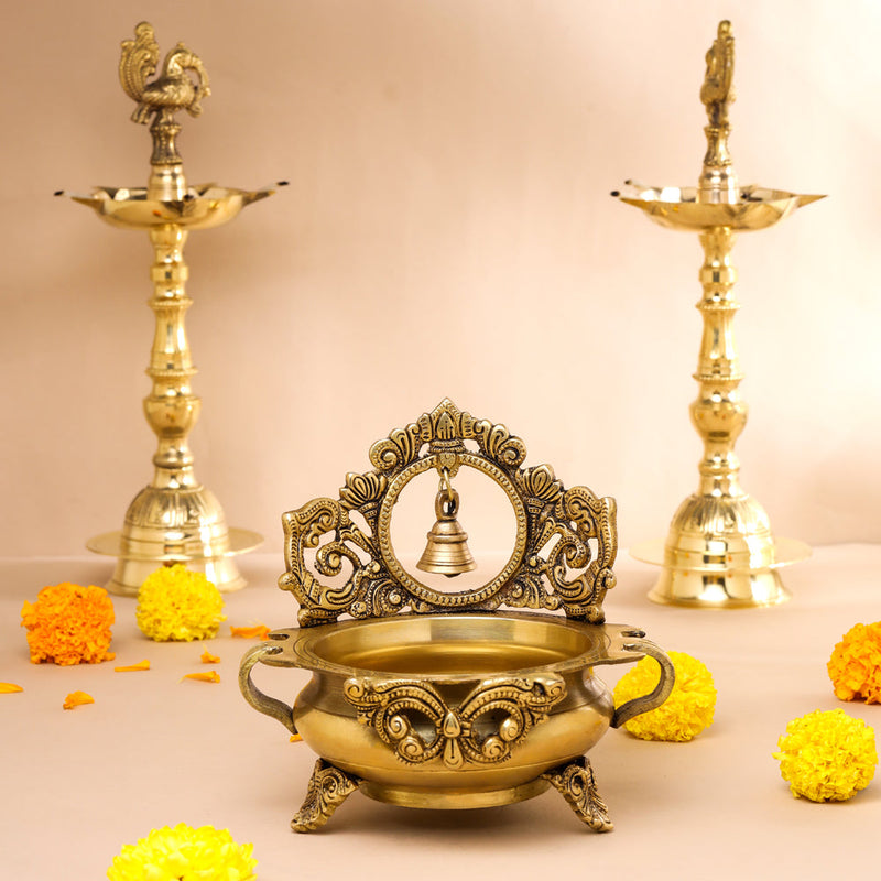 Brass Hand-Carved Urli With Bell (7 Inch)