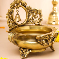 Brass Hand-Carved Urli With Bell (7 Inch)