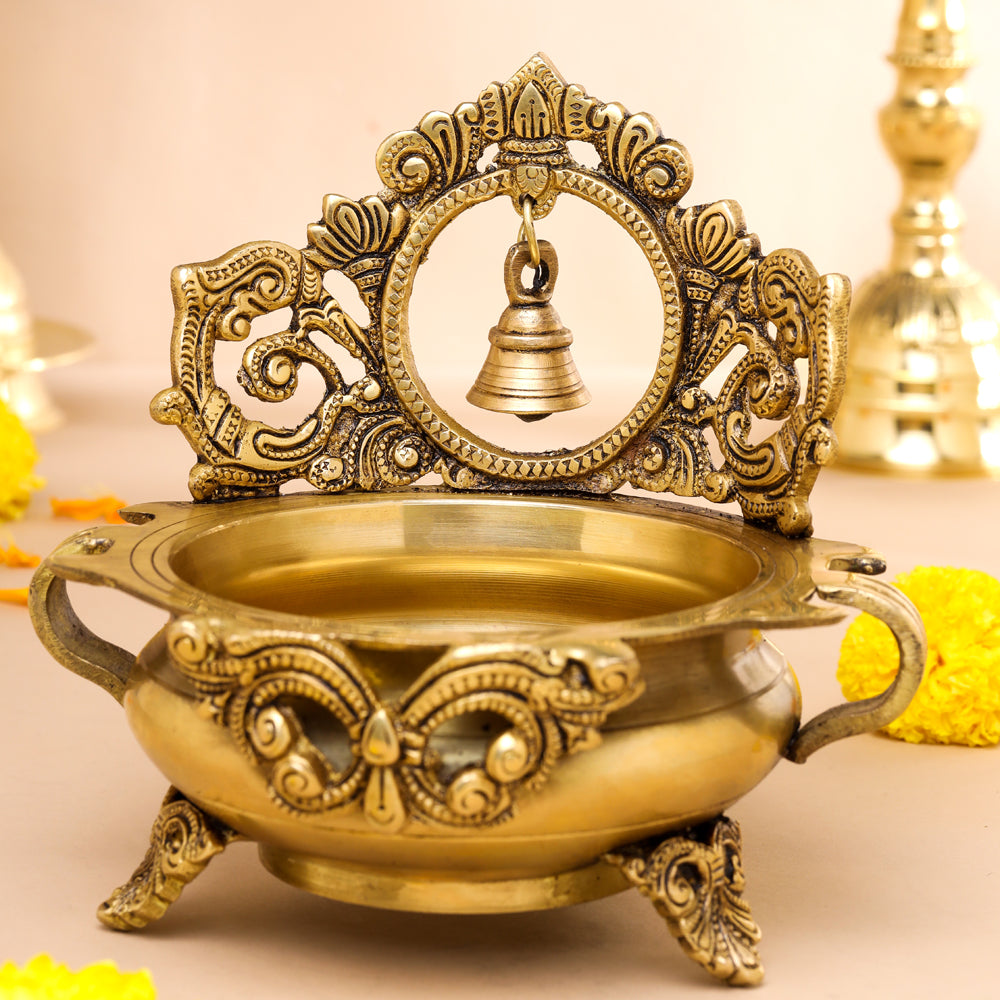 Brass Hand-Carved Urli With Bell (7 Inch)