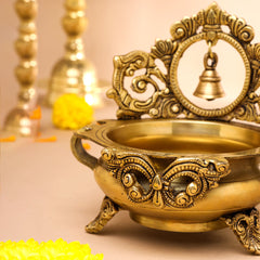 Brass Hand-Carved Urli With Bell (7 Inch)