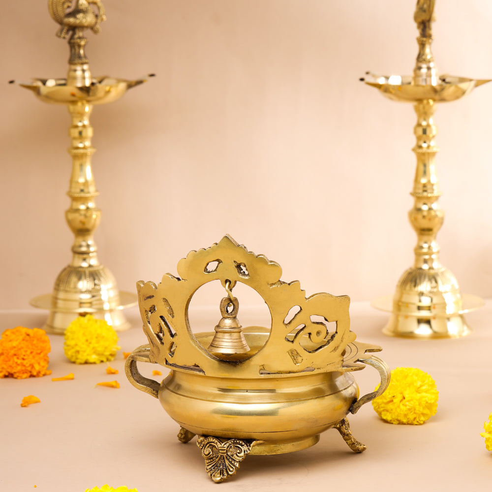 Brass Hand-Carved Urli With Bell (7 Inch)
