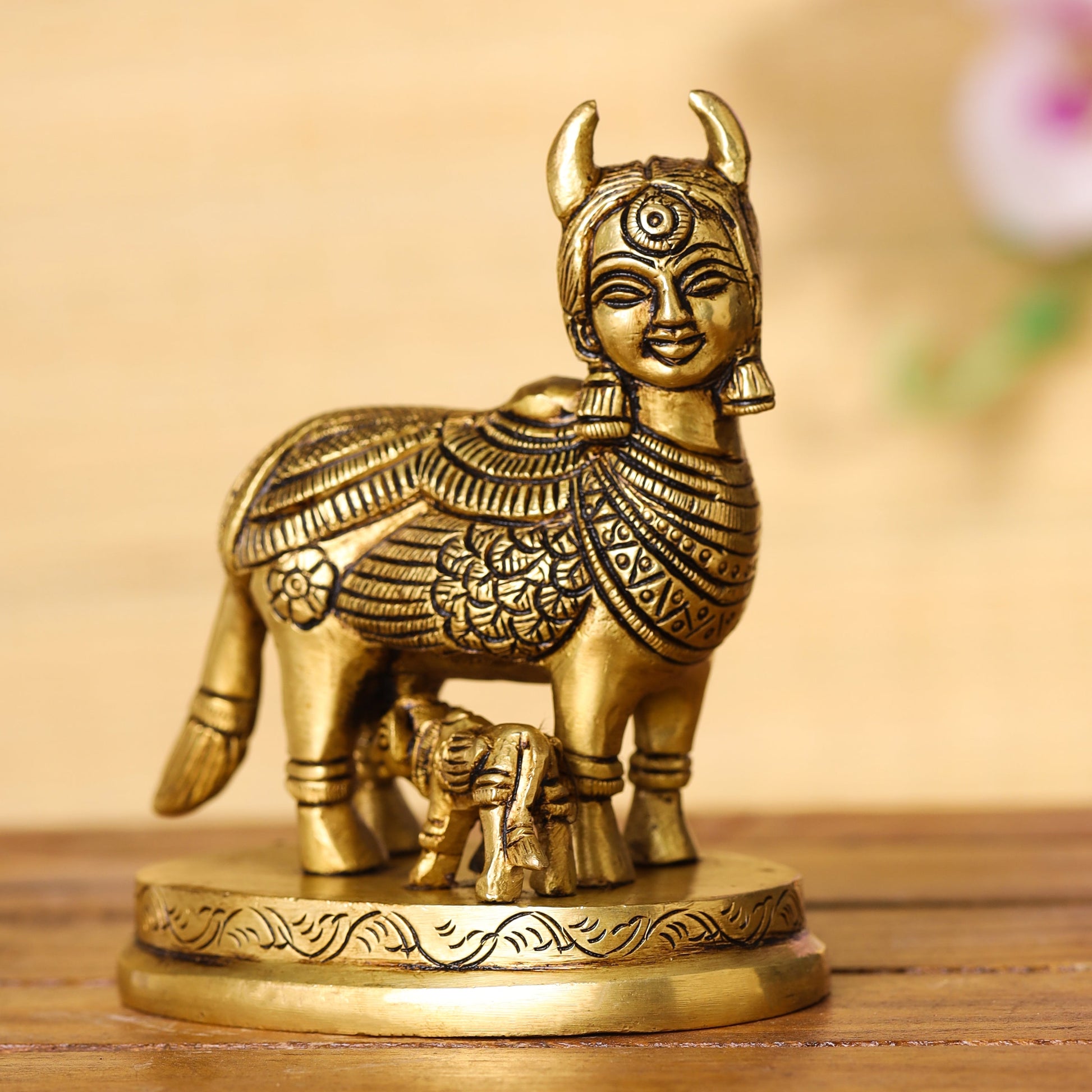 Brass Superfine Kamdhenu Cow With Calf Idol (4.5 Inch)