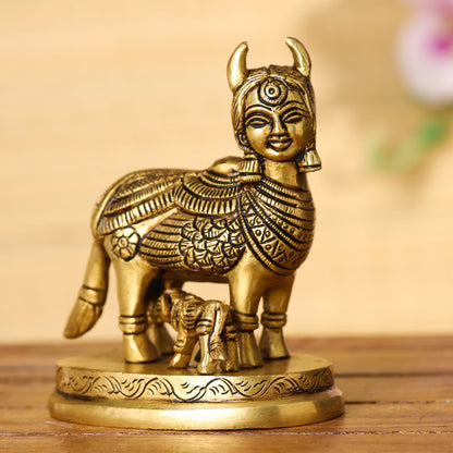 Brass Superfine Kamdhenu Cow With Calf Idol (4.5 Inch)
