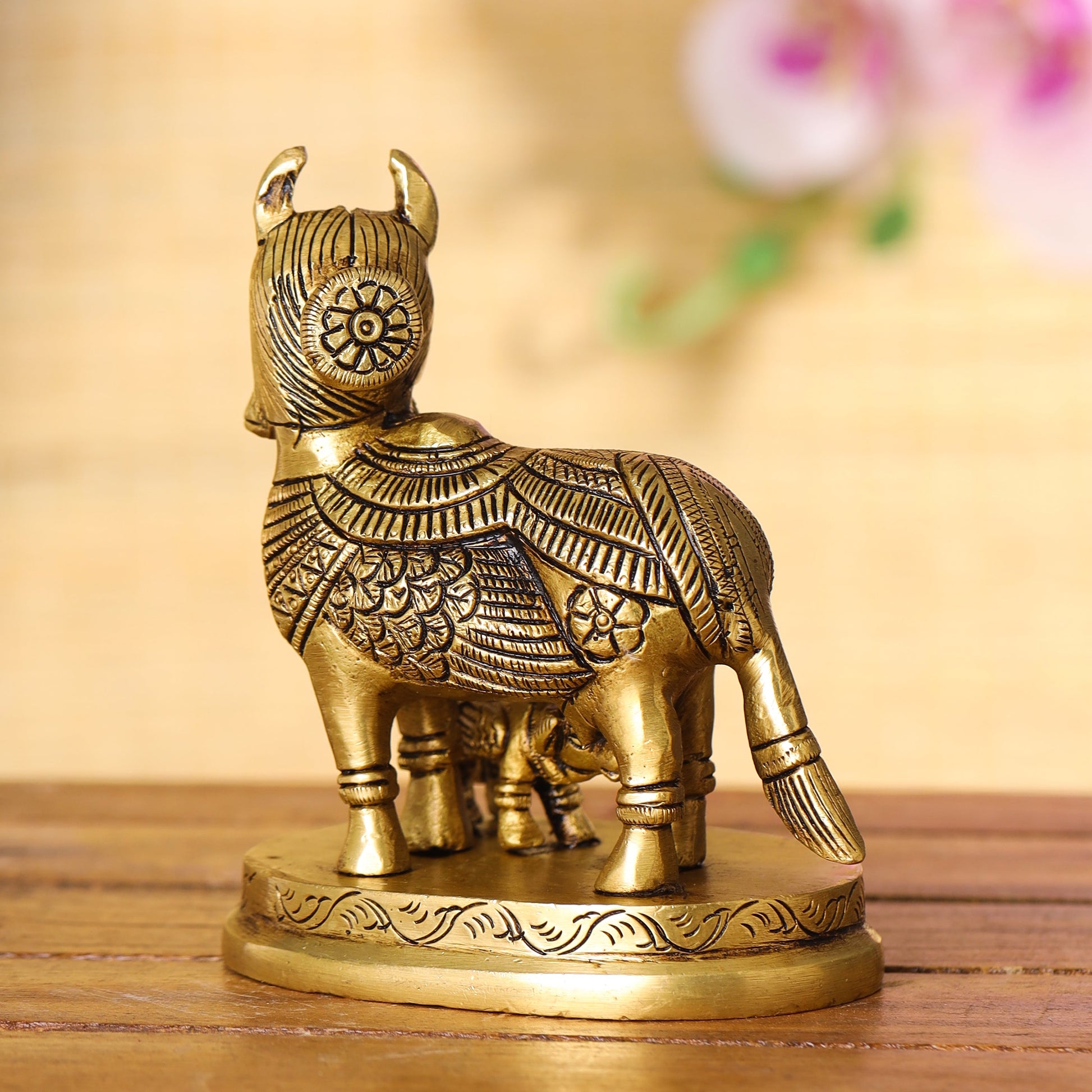Brass Superfine Kamdhenu Cow With Calf Idol (4.5 Inch)