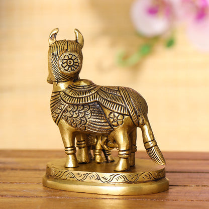 Brass Superfine Kamdhenu Cow With Calf Idol (4.5 Inch)