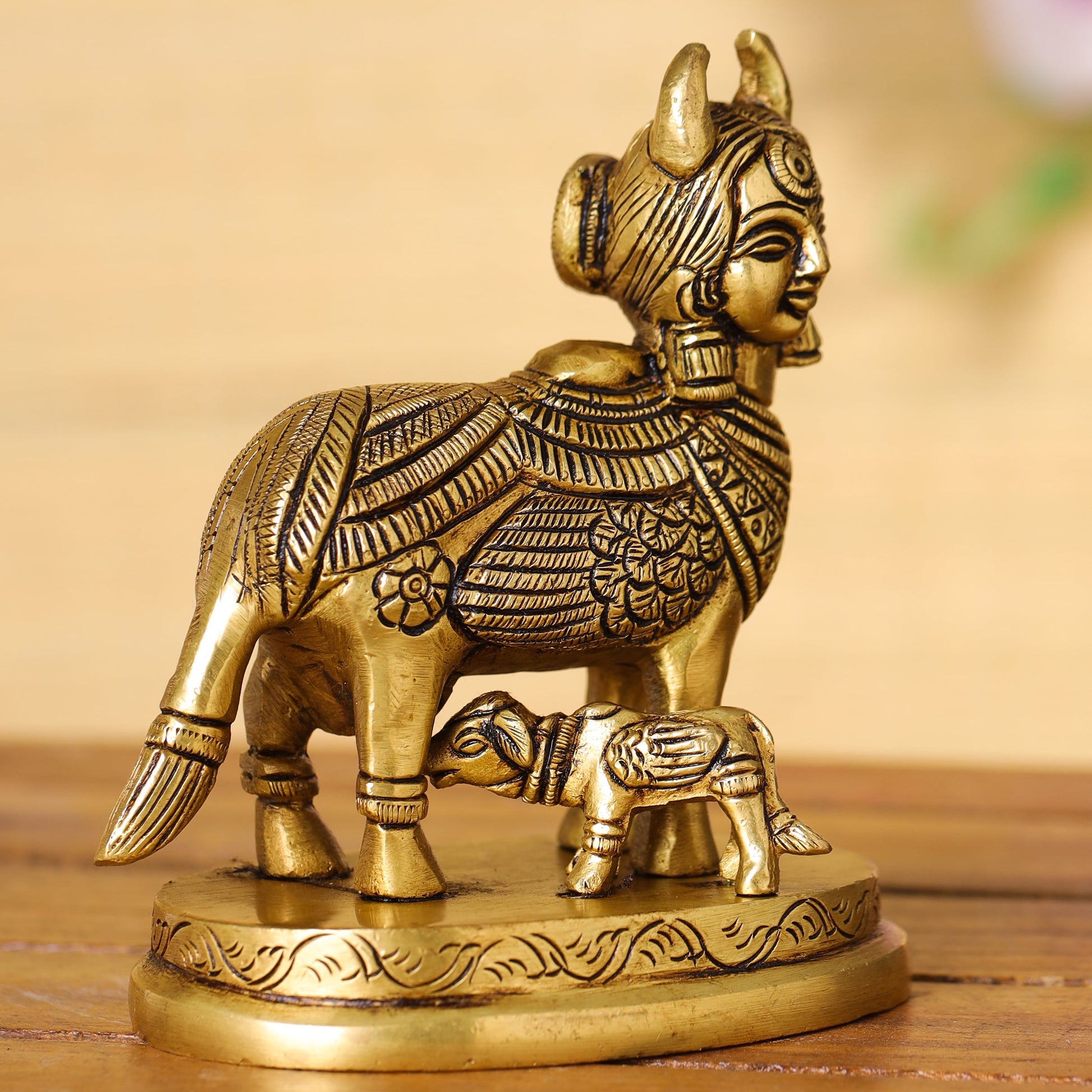 Brass Superfine Kamdhenu Cow With Calf Idol (4.5 Inch)