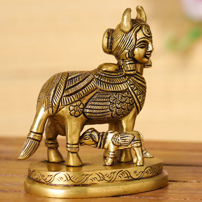 Brass Superfine Kamdhenu Cow With Calf Idol (4.5 Inch)