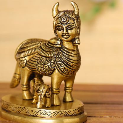 Brass Superfine Kamdhenu Cow With Calf Idol (4.5 Inch)