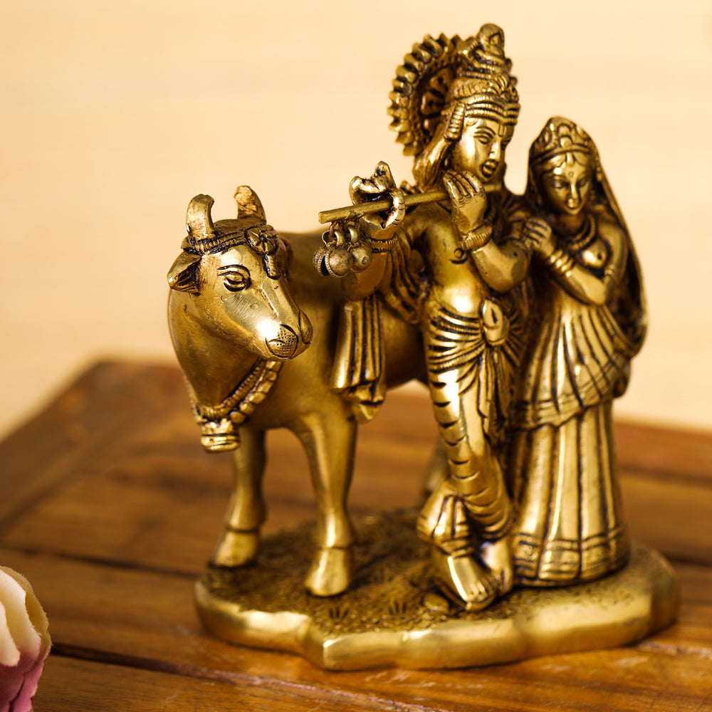 Brass Superfine Radha Krishna With Cow Idol (6 Inch)