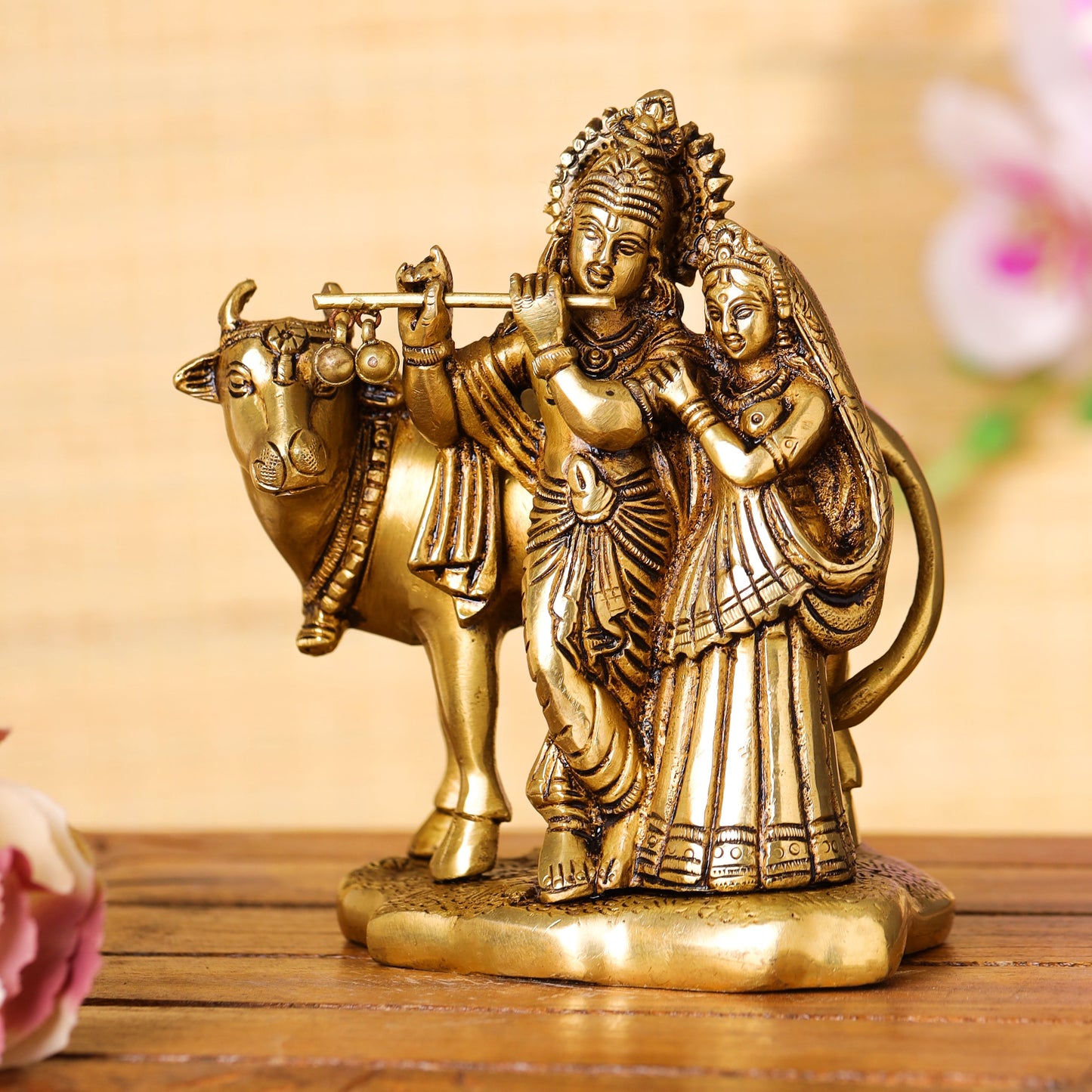 Brass Superfine Radha Krishna With Cow Idol (6 Inch)