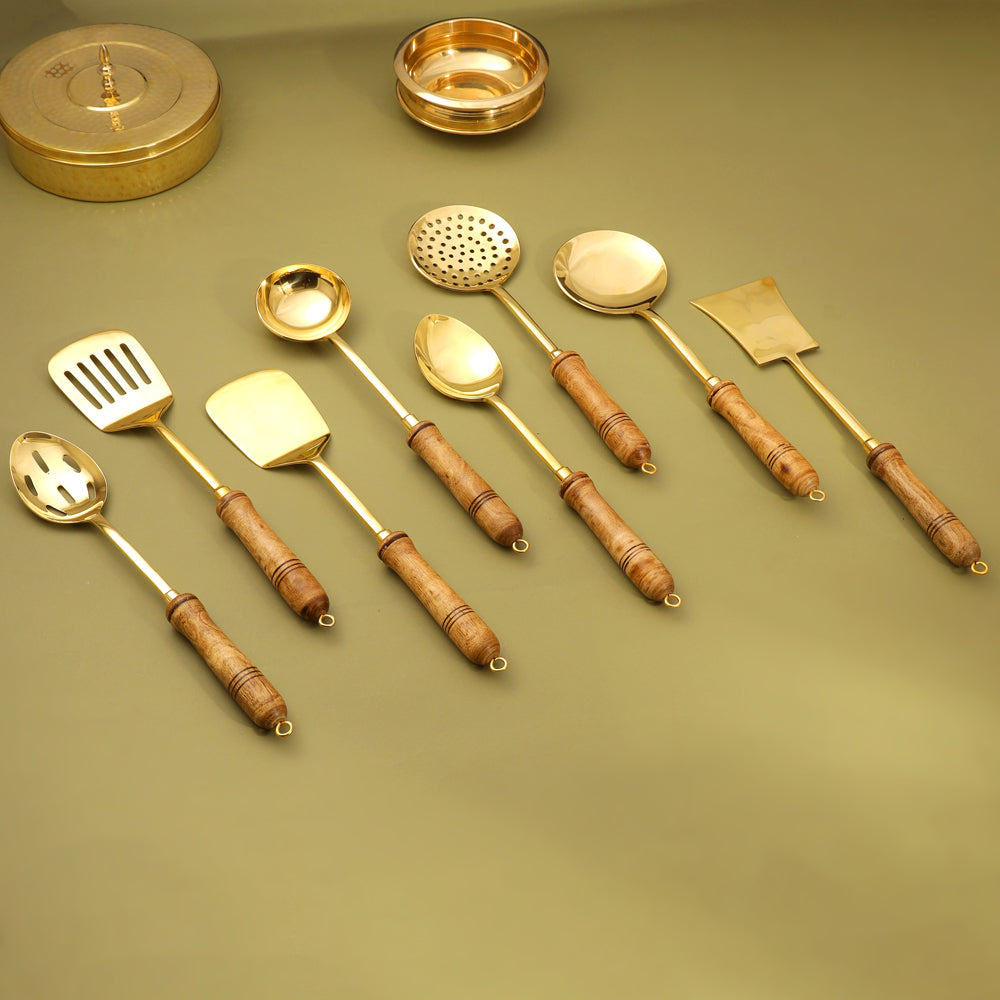 Brass Kitchen Ladles With Wooden Handle (14.5 Inch)