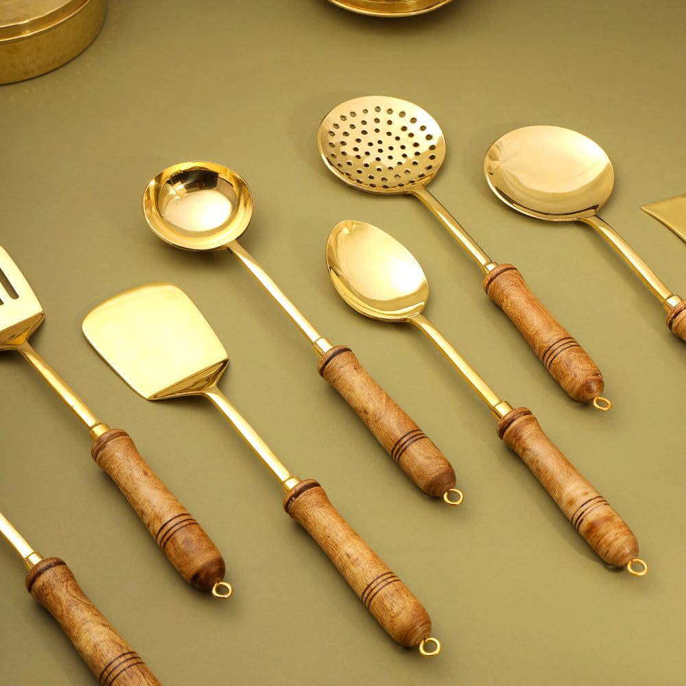 Brass Kitchen Ladles With Wooden Handle (14.5 Inch)