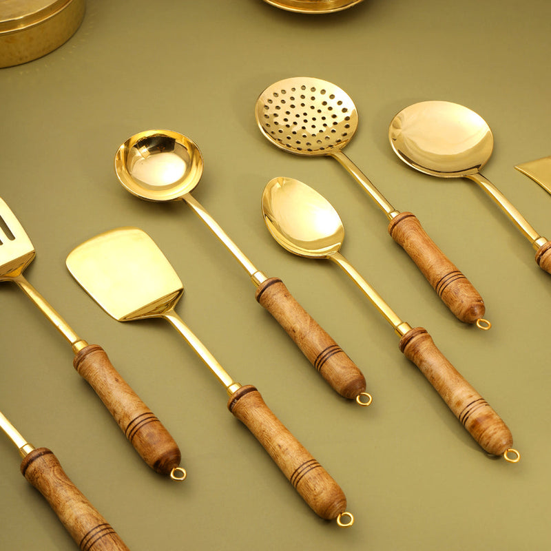 Brass Kitchen Ladles With Wooden Handle (14.5 Inch)