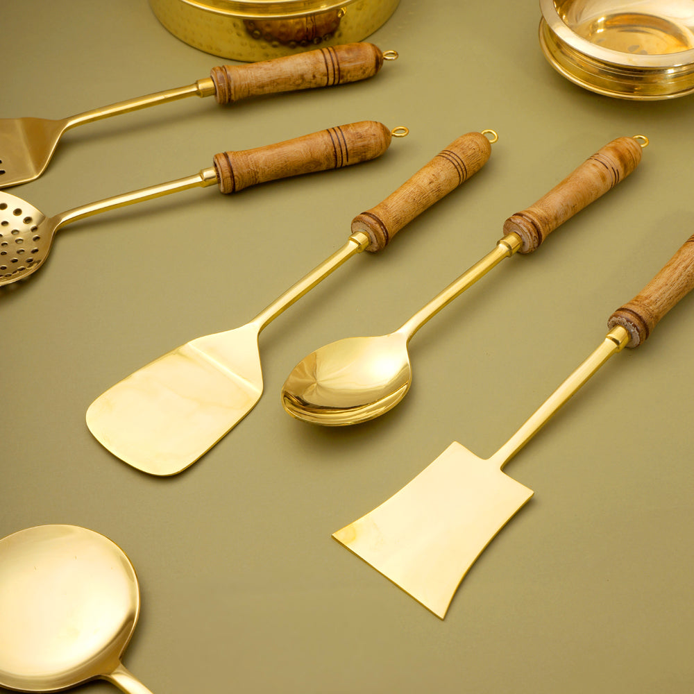 Brass Kitchen Ladles With Wooden Handle (14.5 Inch)