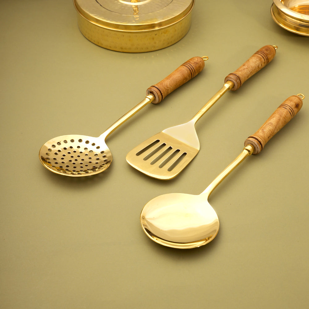 Brass Kitchen Ladles With Wooden Handle (14.5 Inch)