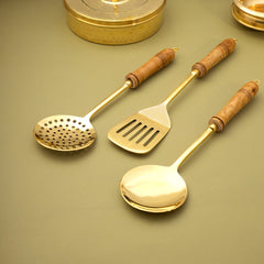 Brass Kitchen Ladles With Wooden Handle (14.5 Inch)