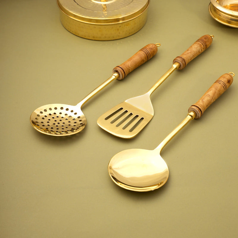 Brass Kitchen Ladles With Wooden Handle (14.5 Inch)