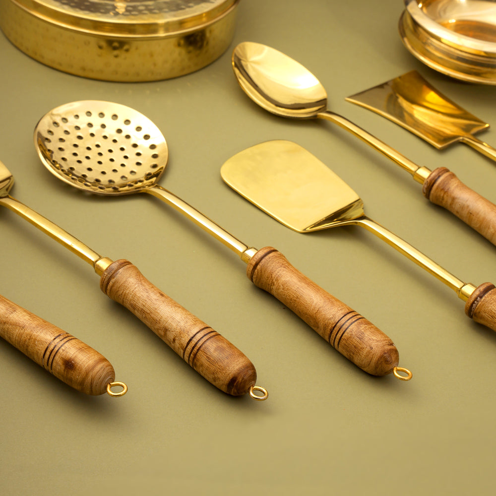 Brass Kitchen Ladles With Wooden Handle (14.5 Inch)