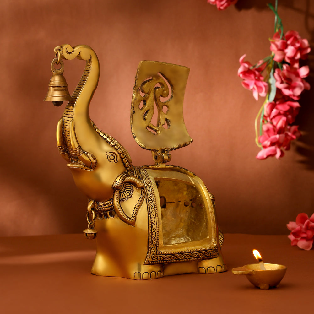 Brass Elephant Diya With Bell (10.5 Inch)
