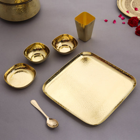 Brass Hammered Square Thali/Dinner Set (1.25 Kg)
