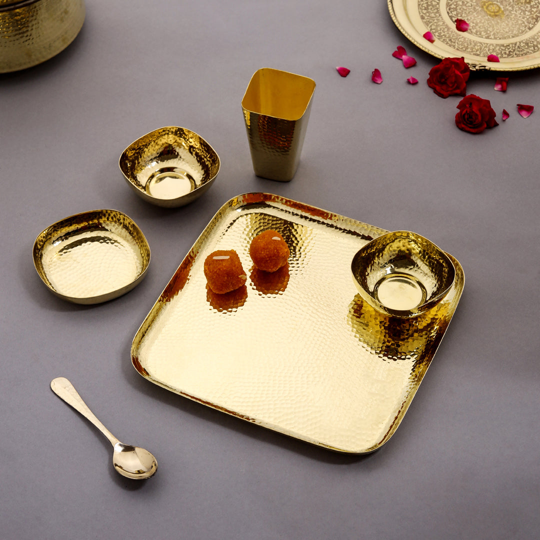 Brass Hammered Square Thali/Dinner Set (1.25 Kg)