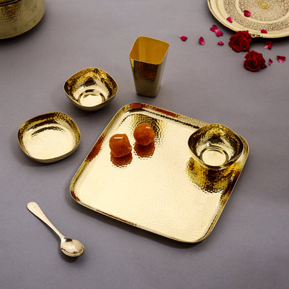 Brass Hammered Square Thali/Dinner Set (1.25 Kg)