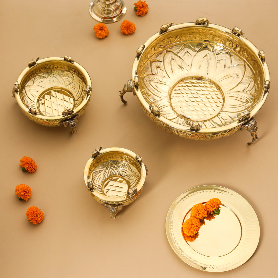 Brass Ganesha And Elephant Carving Urli