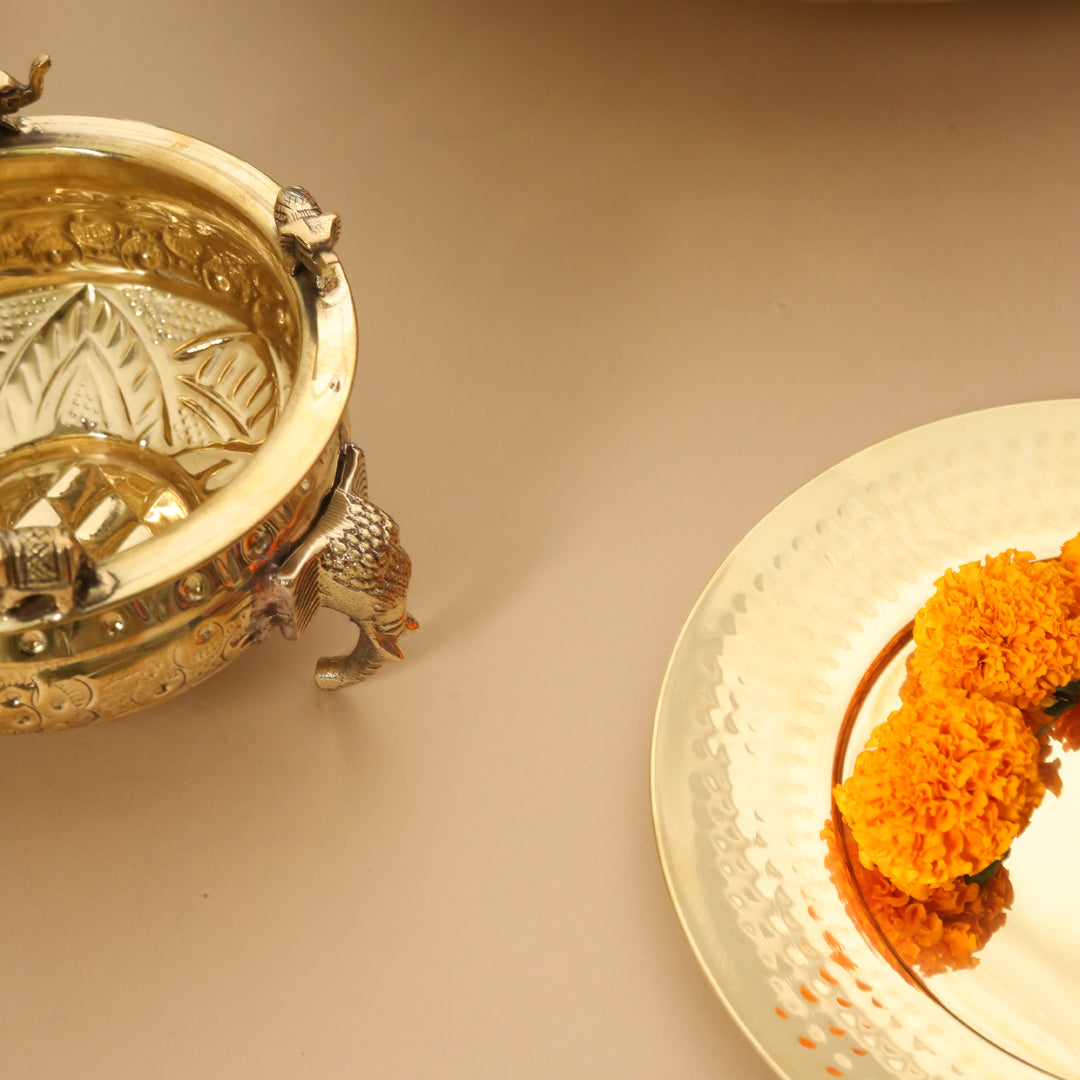 Brass Ganesha And Elephant Carving Urli