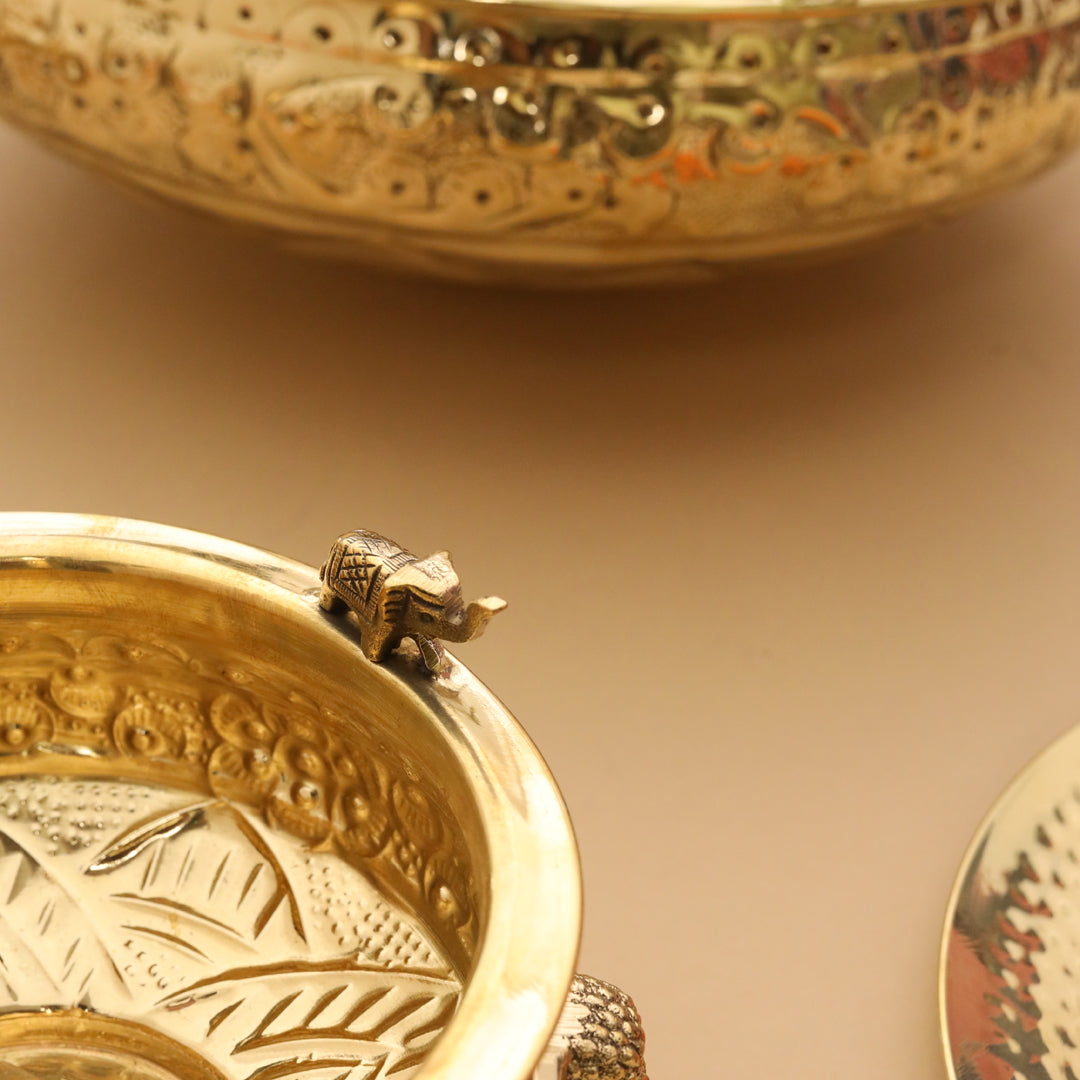 Brass Ganesha And Elephant Carving Urli