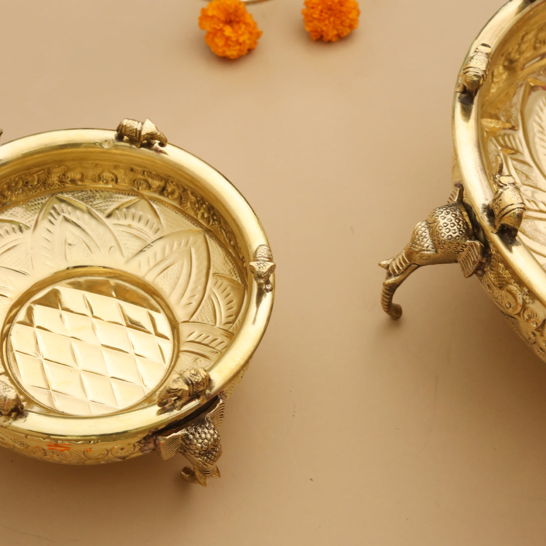 Brass Ganesha And Elephant Carving Urli