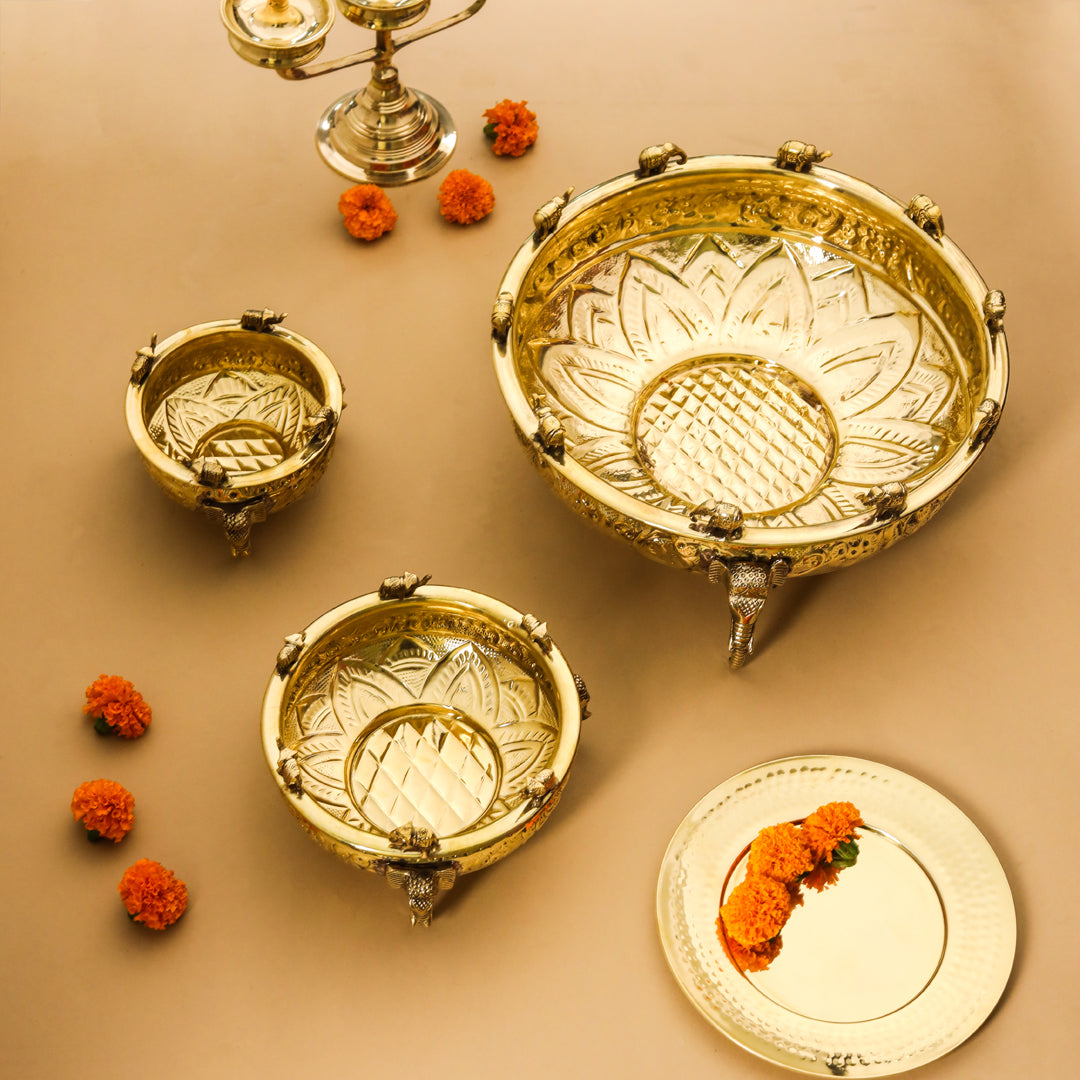 Brass Ganesha And Elephant Carving Urli