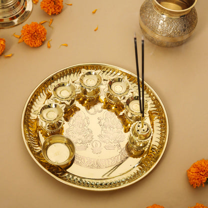 Brass Traditional Seven Deepak Pooja Thali (11 Inch)