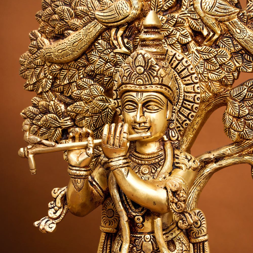 Brass Standing Krishna Idol With Tree (18.5 Inch)