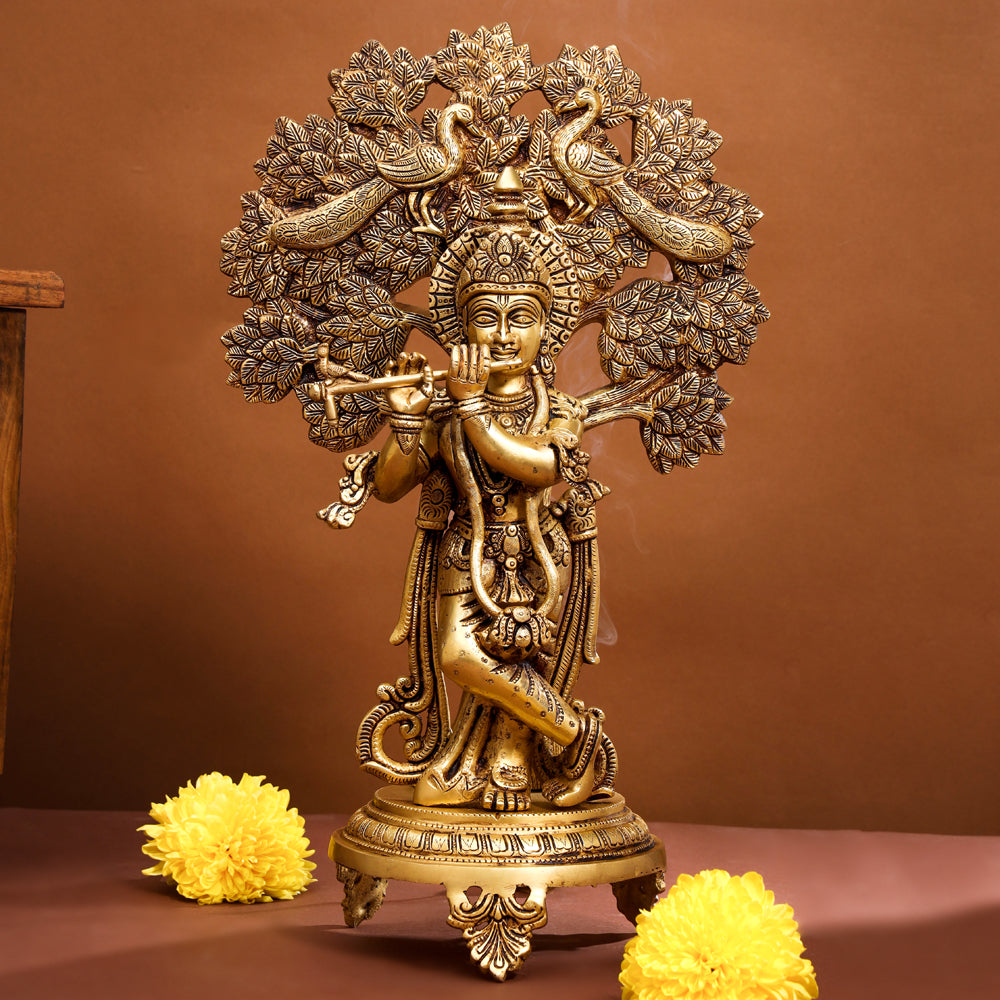 Brass Standing Krishna Idol With Tree (18.5 Inch)