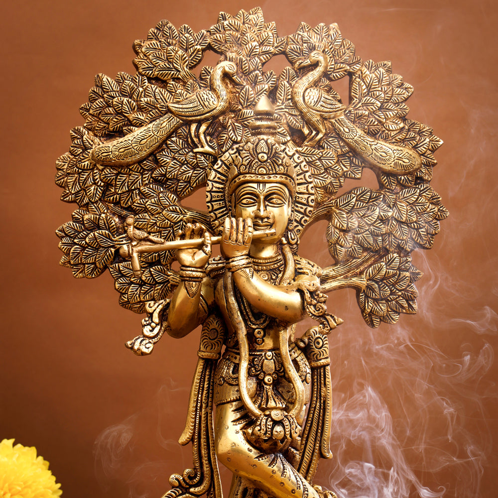 Brass Standing Krishna Idol With Tree (18.5 Inch)