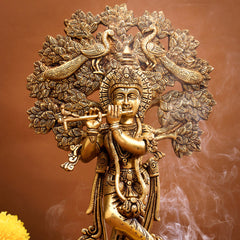Brass Standing Krishna Idol With Tree (18.5 Inch)