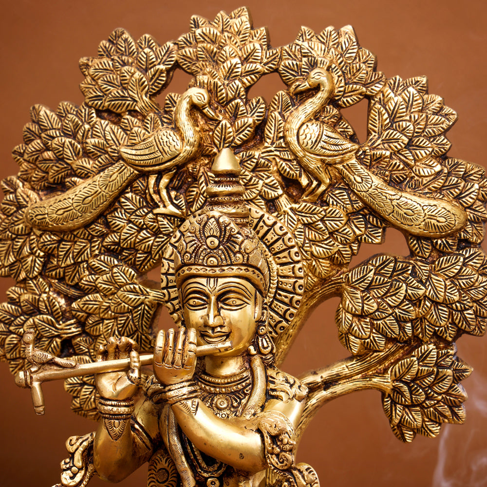 Brass Standing Krishna Idol With Tree (18.5 Inch)