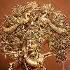 Brass Standing Krishna Idol With Tree (18.5 Inch)