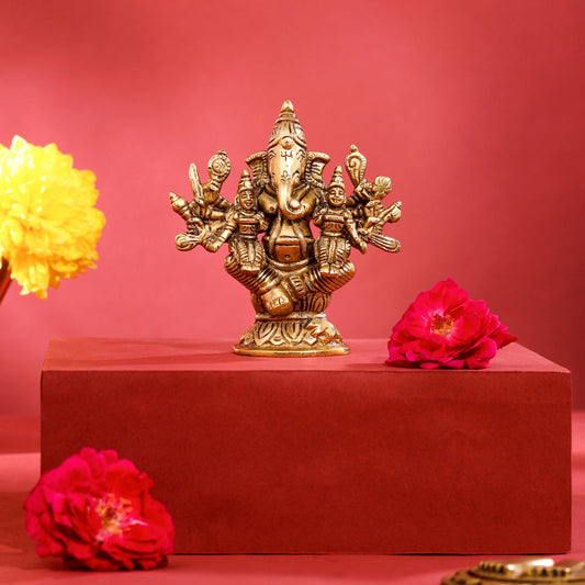 Brass Ganesha With Riddhi Siddhi Idol (4 Inch)