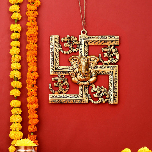 Brass Ganesha On Swastik With OM Wall Hanging (8.5 Inch)
