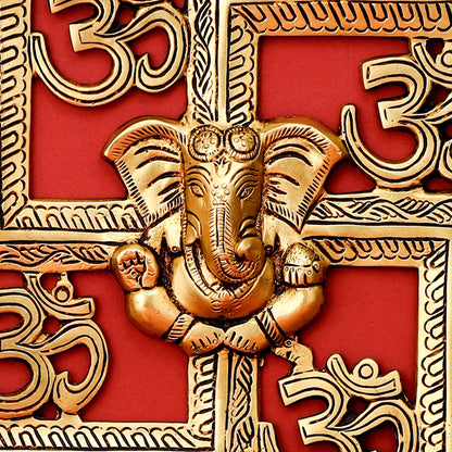 Brass Ganesha On Swastik With OM Wall Hanging (8.5 Inch)