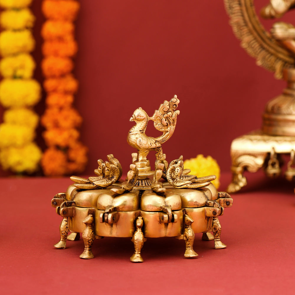 Brass Peacock Kumkum Box (5 Inch)