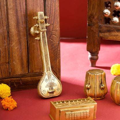 Brass Tabla, Dugi, Sitar And Harmonium Decor Set