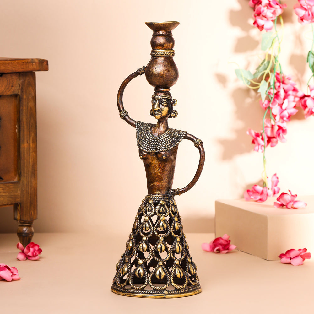 Brass Dhokra Tribal Lady Showpiece (15.5 Inch)