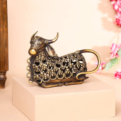 Brass Dhokra Sitting Jali Nandi Idol (6 Inch)