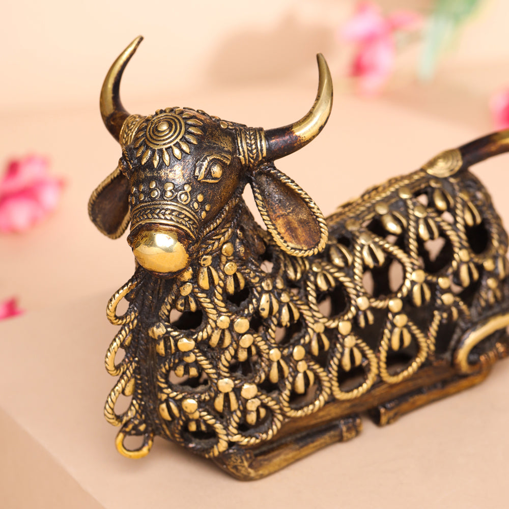 Brass Dhokra Sitting Jali Nandi Idol (6 Inch)