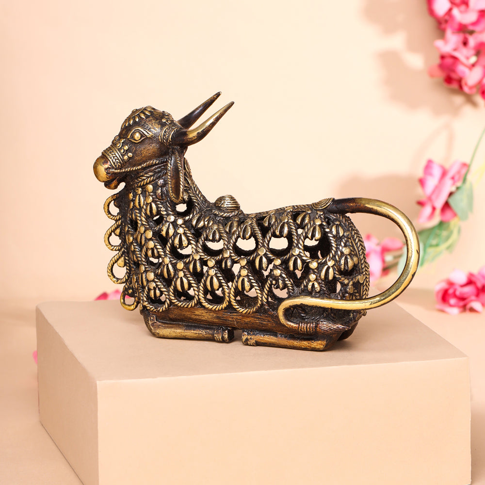 Brass Dhokra Sitting Jali Nandi Idol (6 Inch)